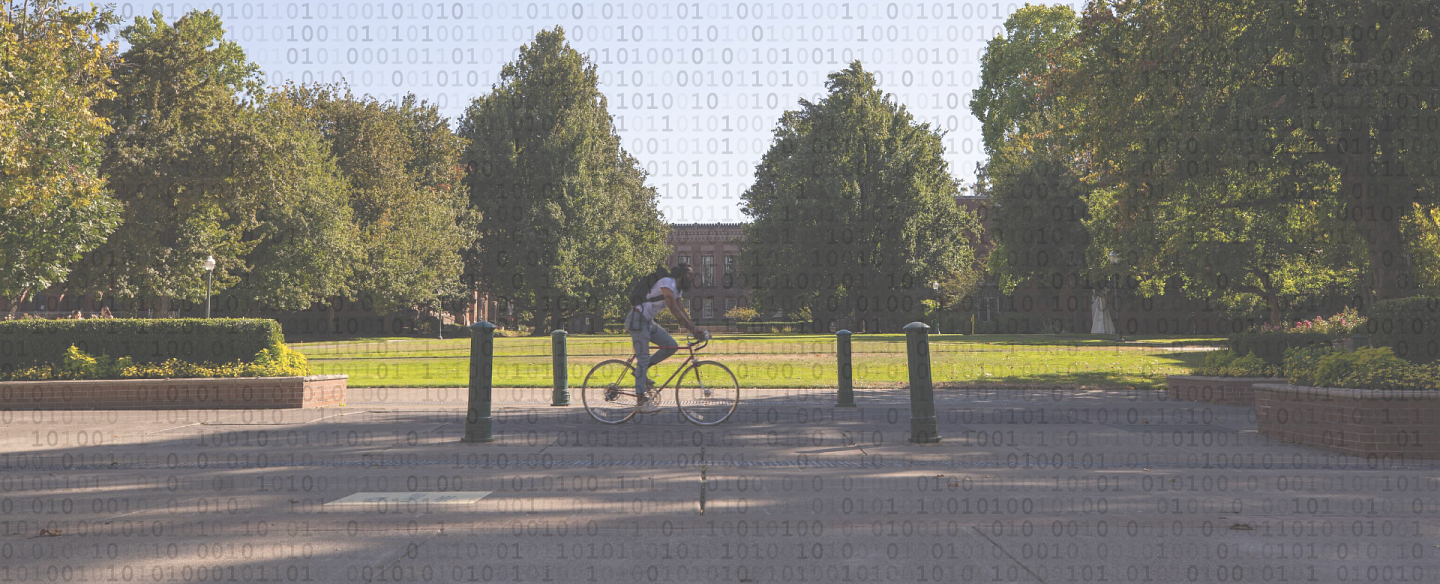 binary code over campus scene